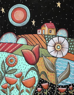 Whimsical folk art painting with flowers, hills, a small house, stars, and a moon in a night sky.