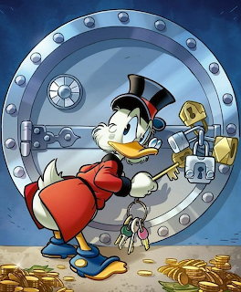 Scrooge McDuck at vault door with gold coins