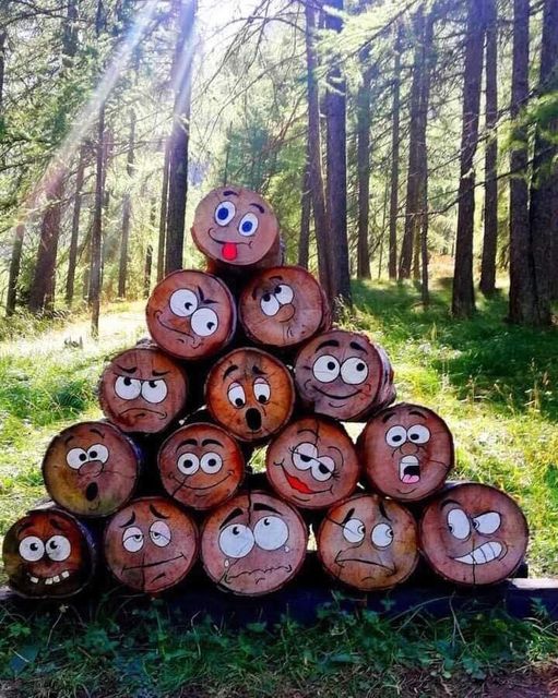 Painted Faces on Log Pile