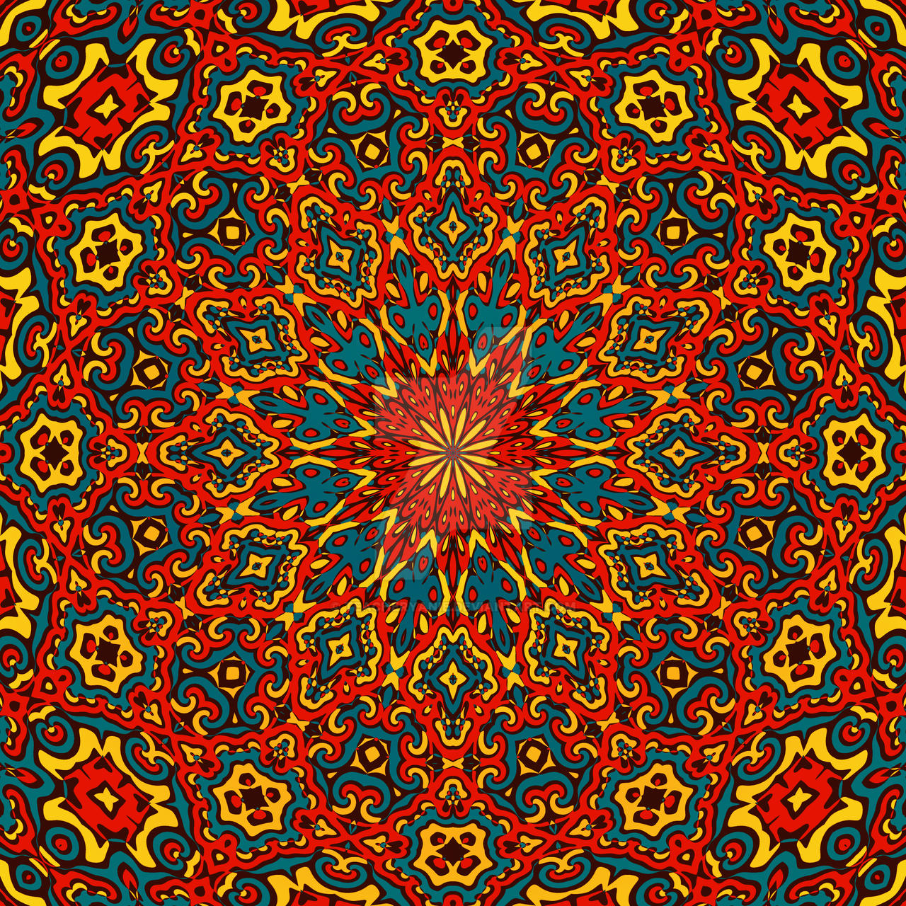 Colorful symmetrical mandala with intricate geometric patterns radiating from center in red, orange, yellow and teal