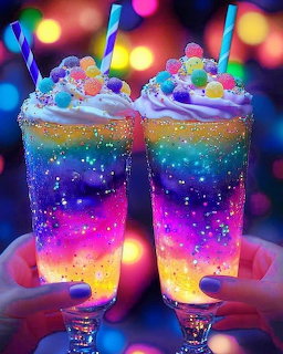 Two hands holding rainbow layered milkshakes with whipped cream and candies against colorful bokeh background