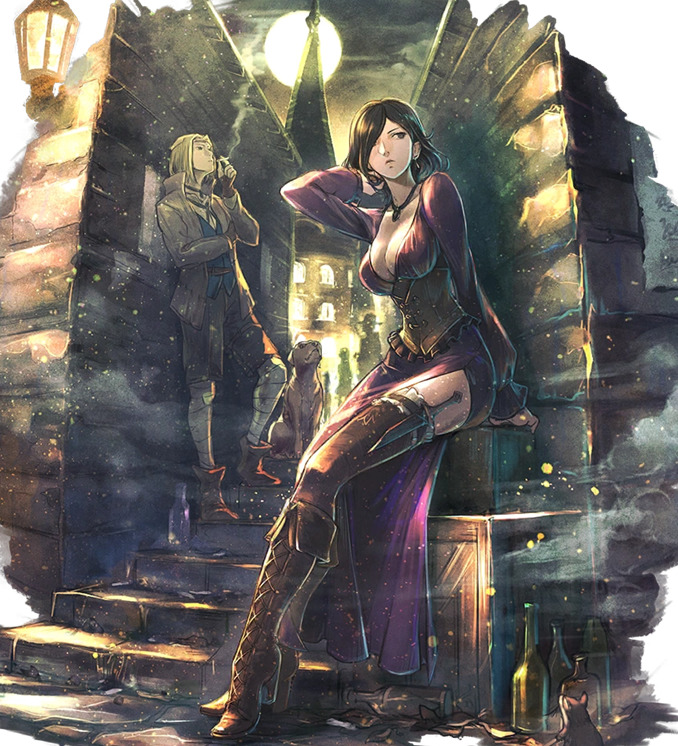 Anime-style character sitting on stone throne in illuminated cathedral ruins