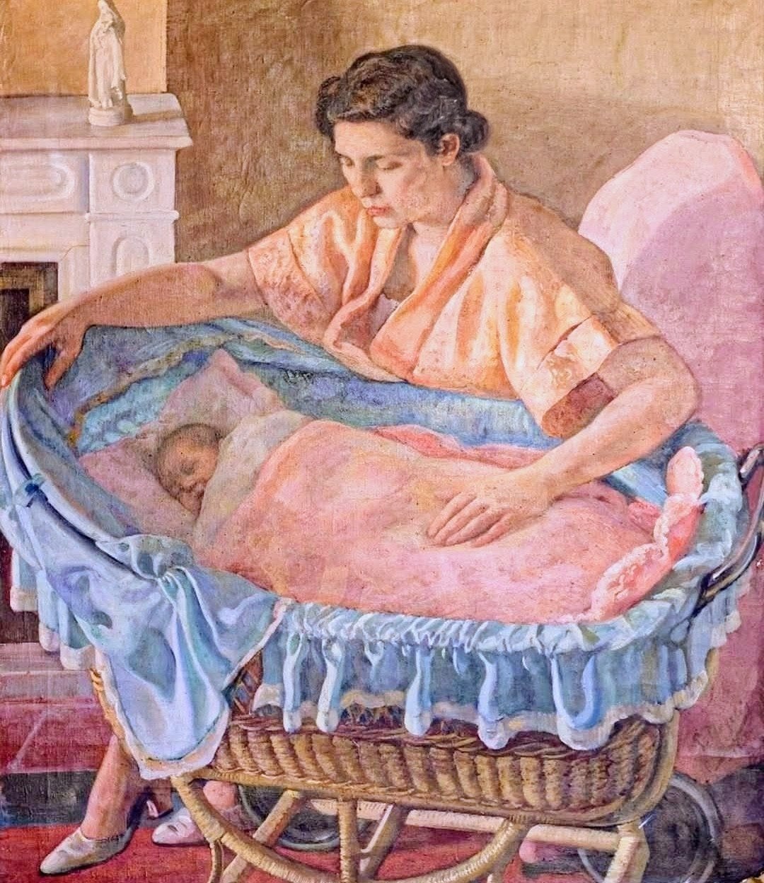1936 oil painting of a mother leaning over a wicker bassinet watching her sleeping baby
