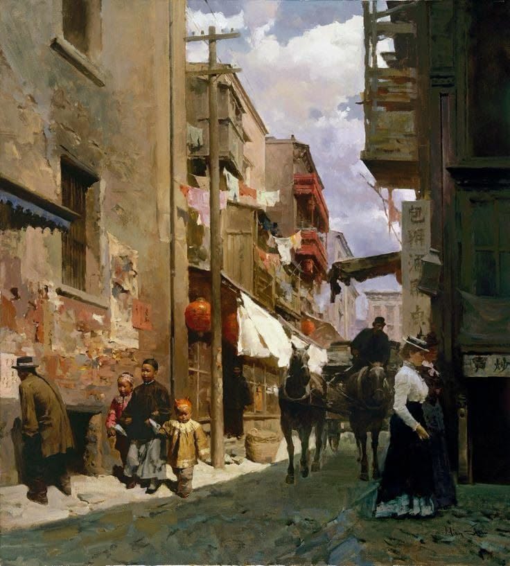 Painting of an old narrow street with people, horses, and tall buildings