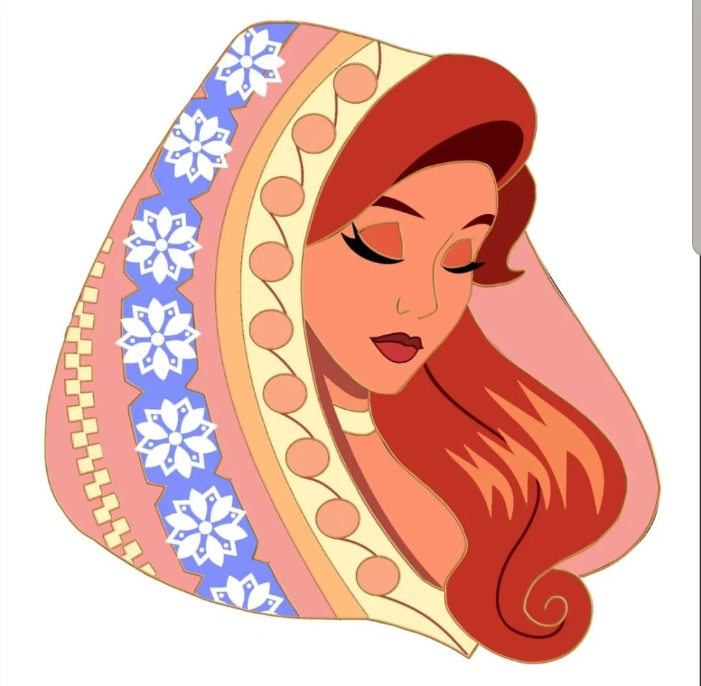 Animated character Anastasia with red hair in decorative hooded cloak with blue flowers