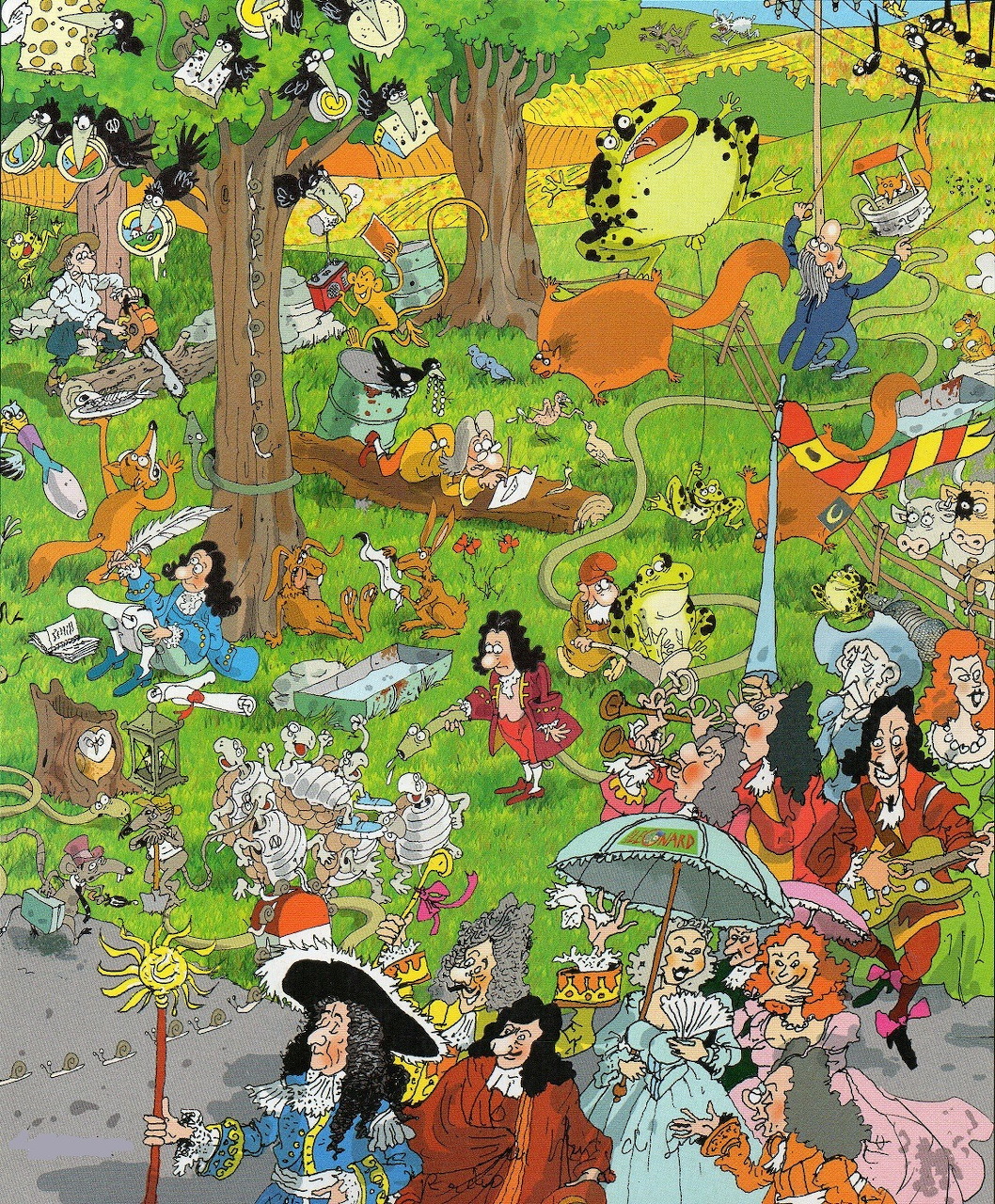 Illustrated scene showing anthropomorphic animals and people in period costume in a garden with trees