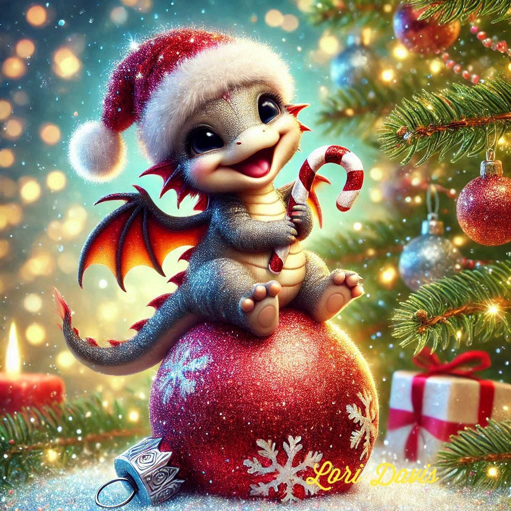Cute cartoon dragon in Santa hat sitting on red Christmas ornament holding candy cane near decorated tree