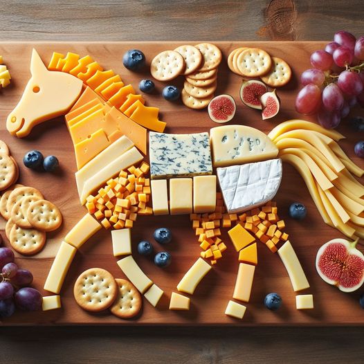 Cheese and crackers arranged in a horse shape on a wooden serving board with grapes and berries