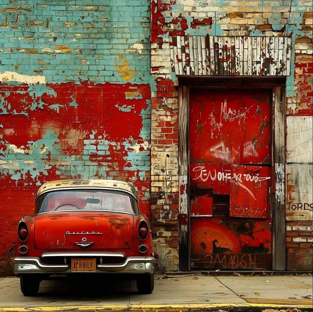 Vintage Red Car Weathered Wall