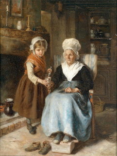 Oil painting of a young girl standing beside her seated grandmother in a rustic interior