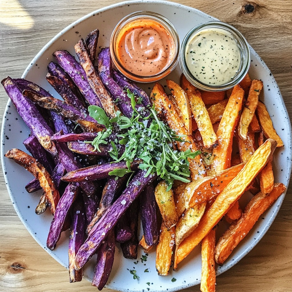 Plate of purple and orange sweet potato fries with herb garnish and two dipping sauces on wooden table