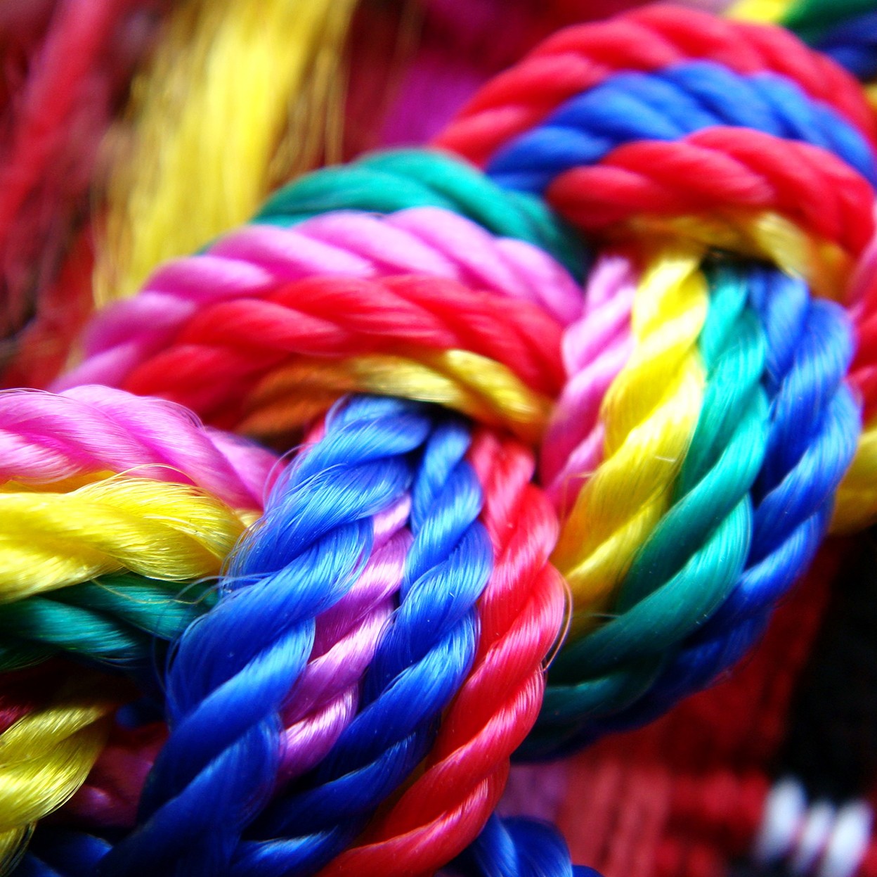Close-up of colorful twisted rainbow rope with glossy braided strands in pink, yellow, blue, and red