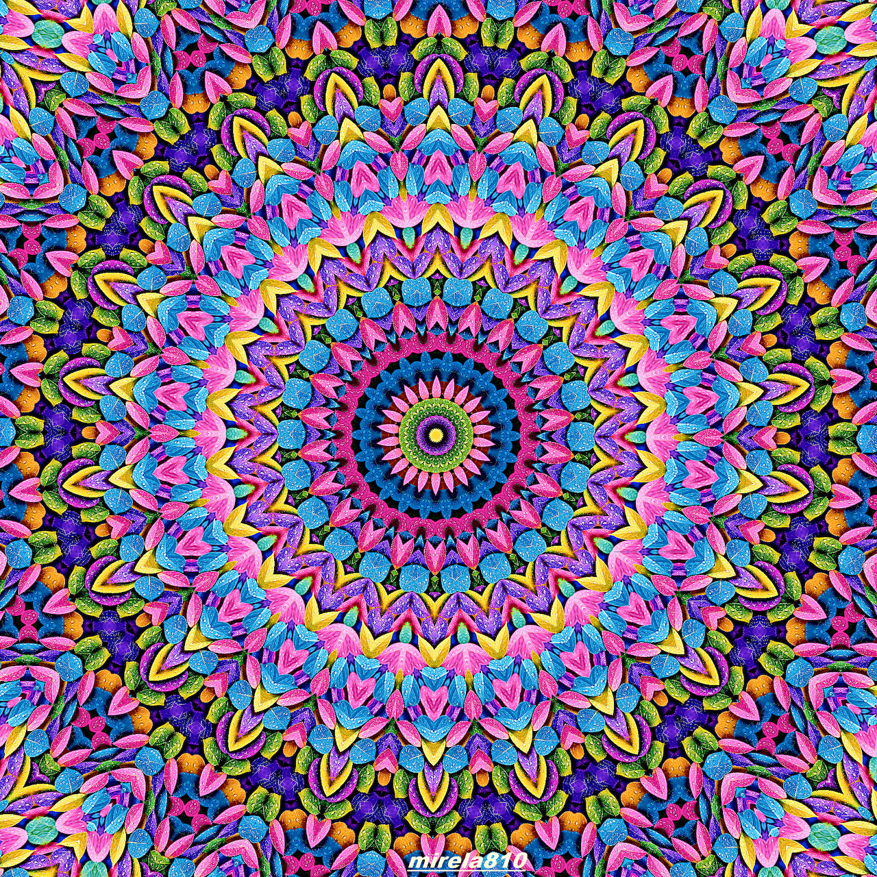 Vibrant multi-colored mandala with intricate symmetrical geometric patterns radiating from circular center