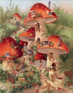 Whimsical illustration of a fairy village made of red and white mushroom houses with tiny inhabitants