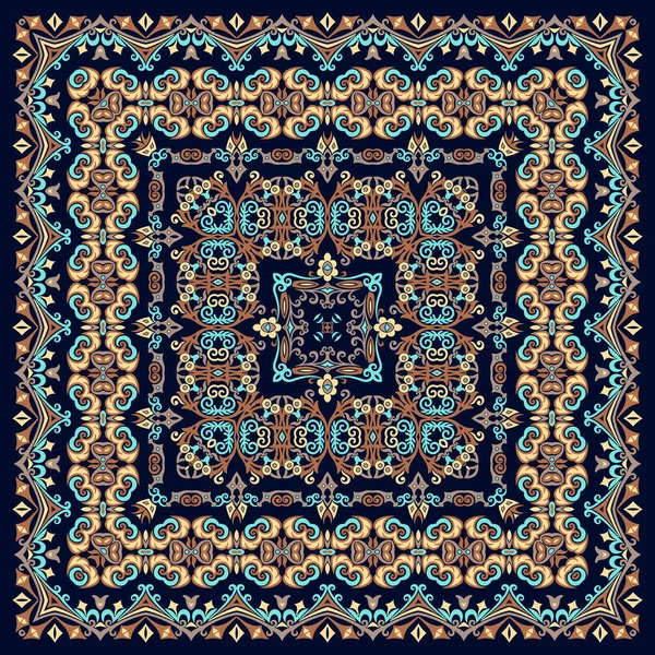Symmetrical mandala pattern with ornate Persian rug motifs in blue, gold, and turquoise colors