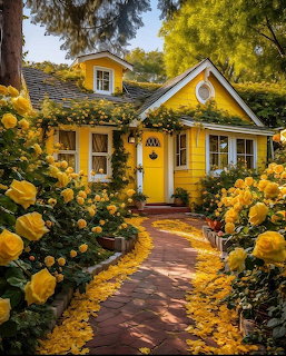 Sunny yellow cottage with rose garden path and rounded door under trees