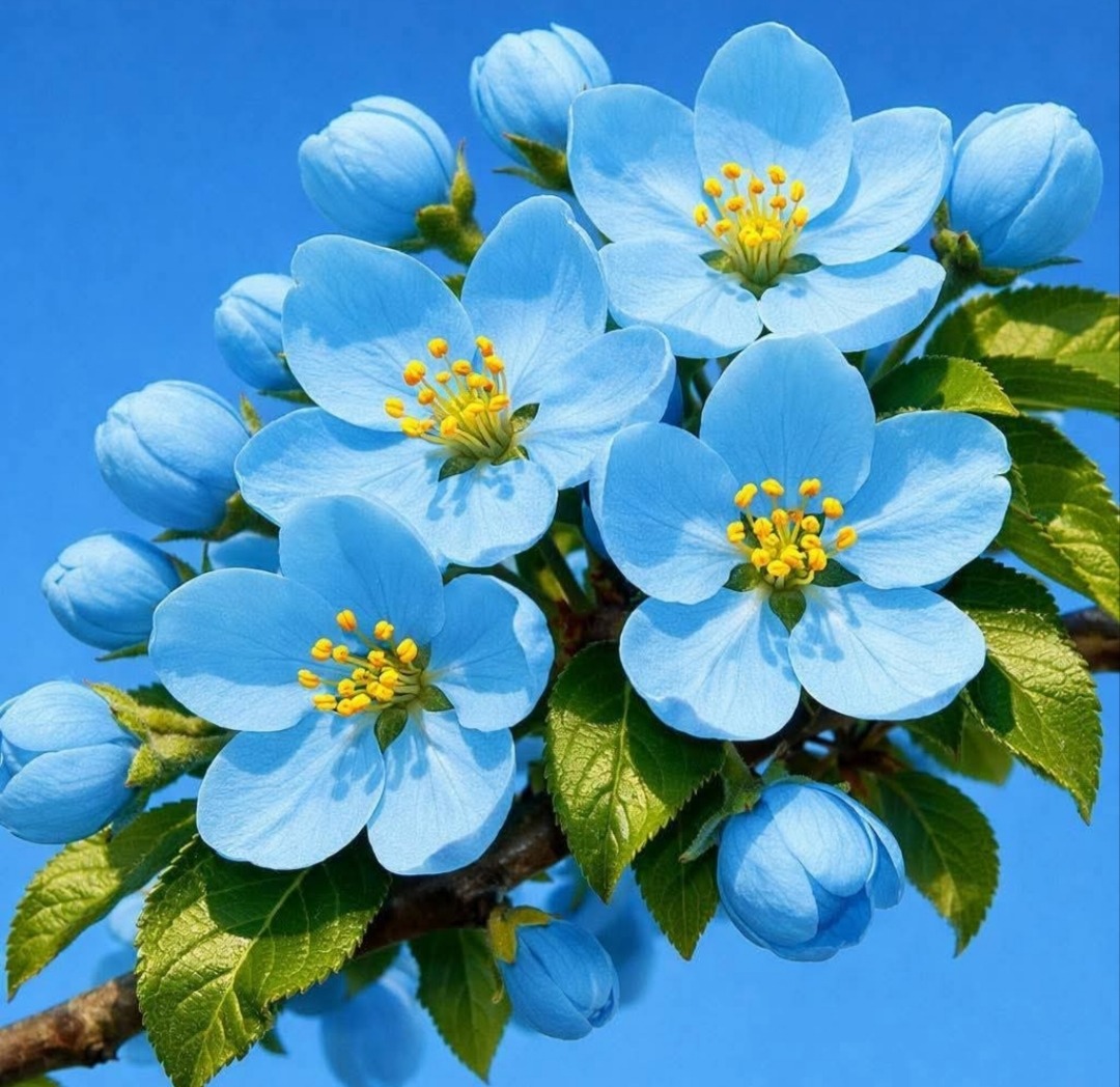 Close-up of light blue flowers with yellow stamens and green leaves against blue sky