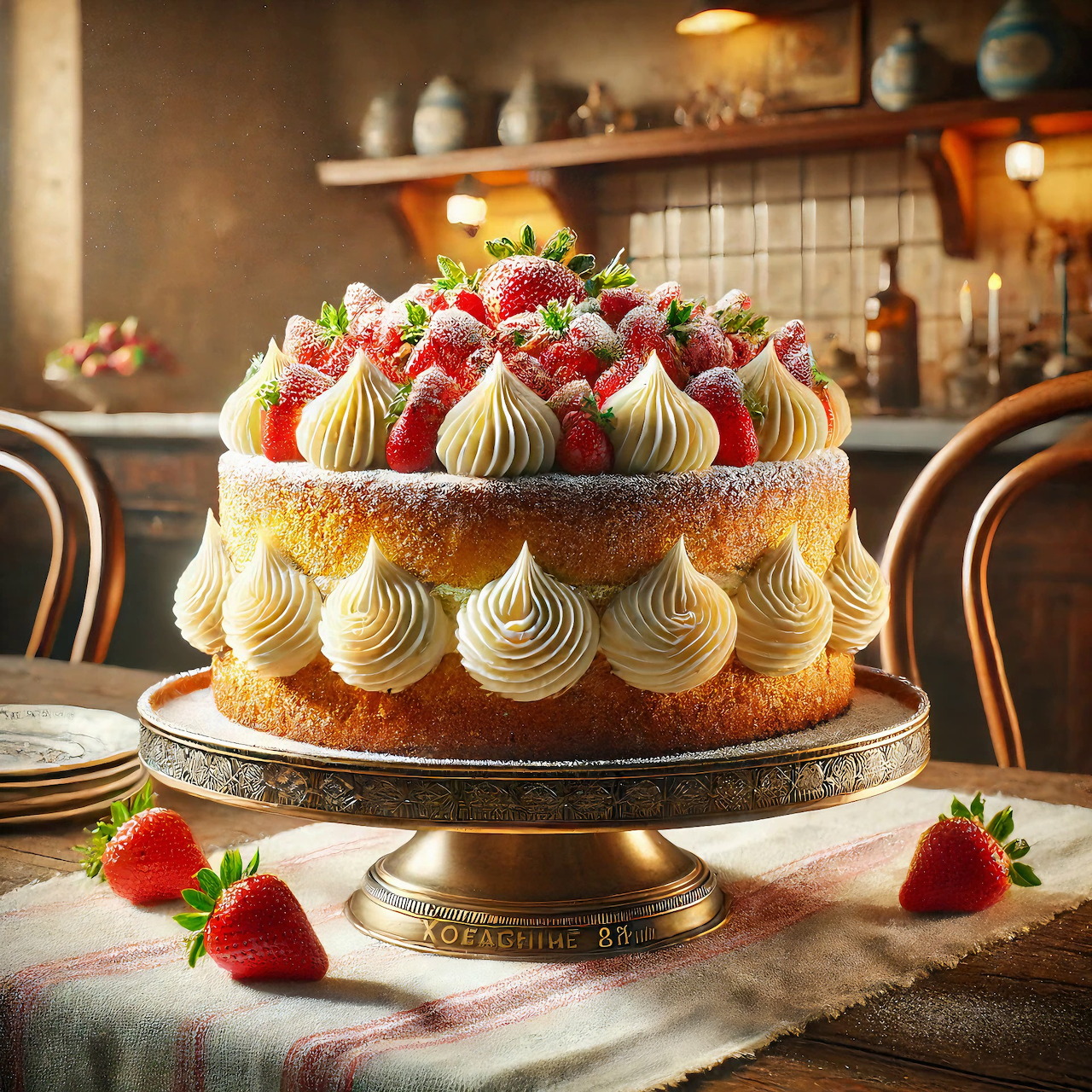 Layered cake with cream rosettes and strawberries on silver stand in kitchen