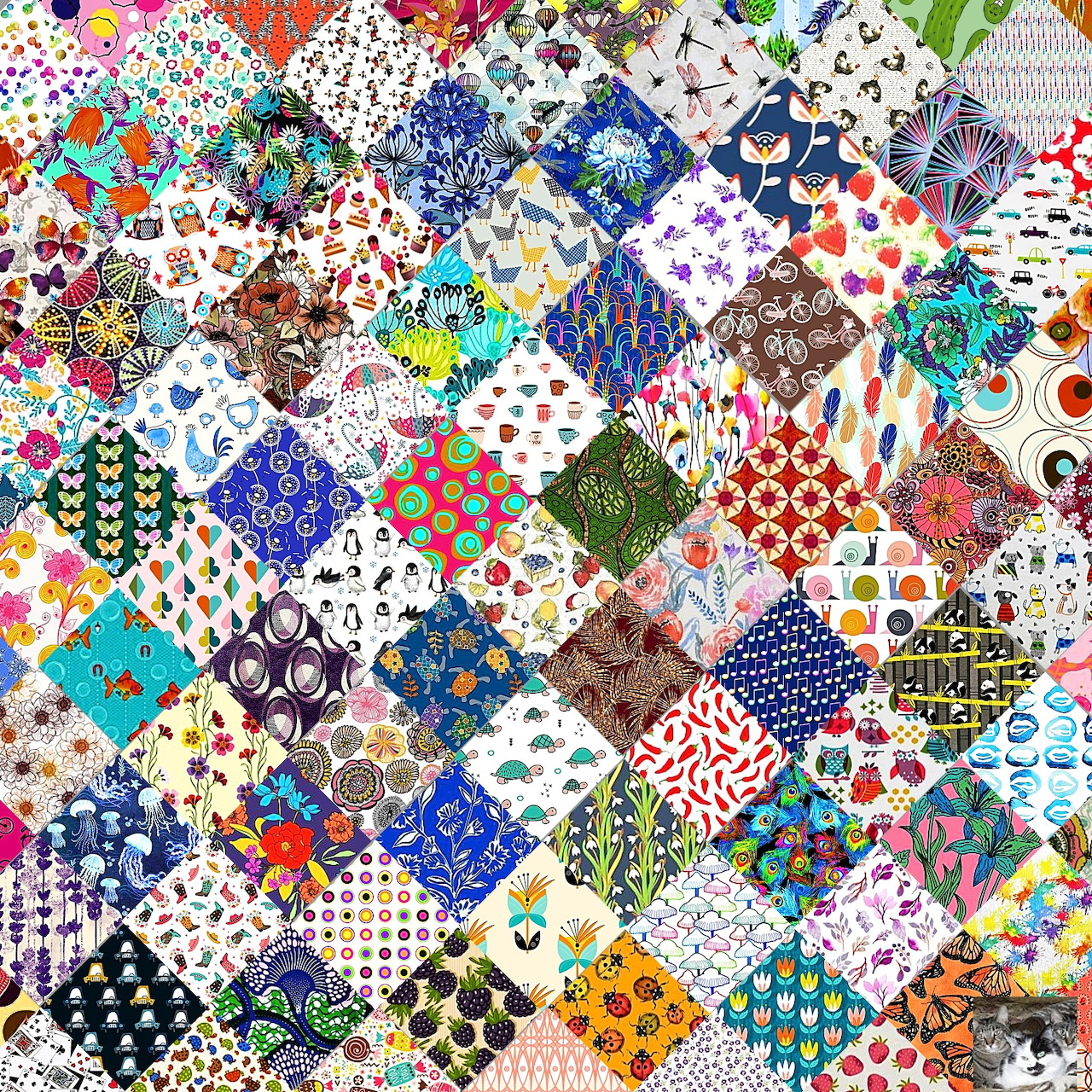 Vibrant patchwork quilt with multicolored diamond-shaped fabric patches featuring various patterns and designs