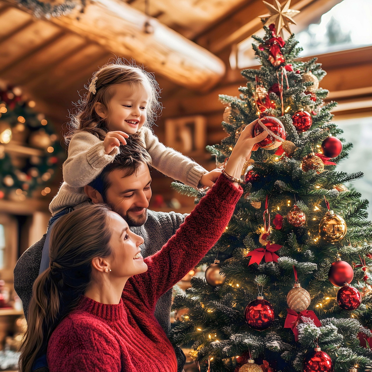 Family of three decorating Christmas tree together in cozy cabin interior
