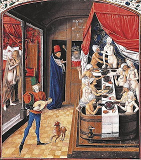 Medieval manuscript painting of a bathhouse scene with nude figures bathing in wooden tubs and attendants