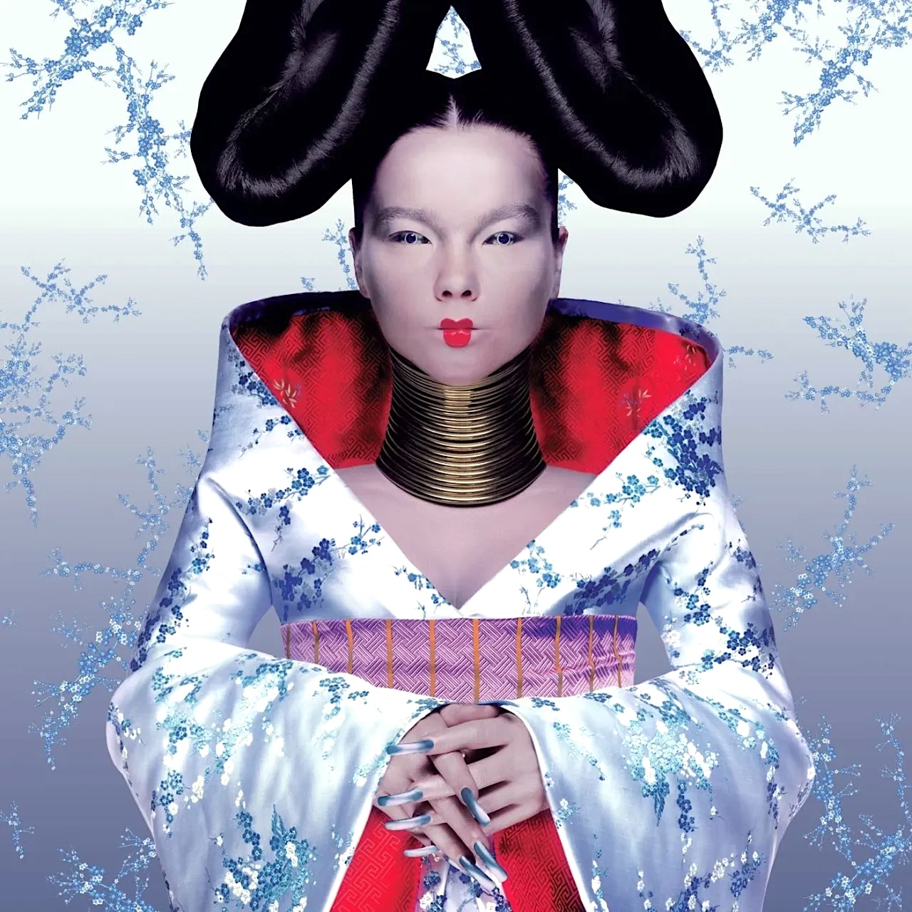 Bjork portrait in a white floral kimono with red collar and large black hair on an icy blue background