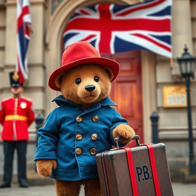 Cartoon bear in blue duffel coat and red hat holding brown suitcase, British flag background