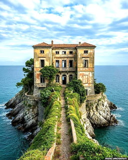 Abandoned castle on small rocky island connected by narrow path over blue ocean