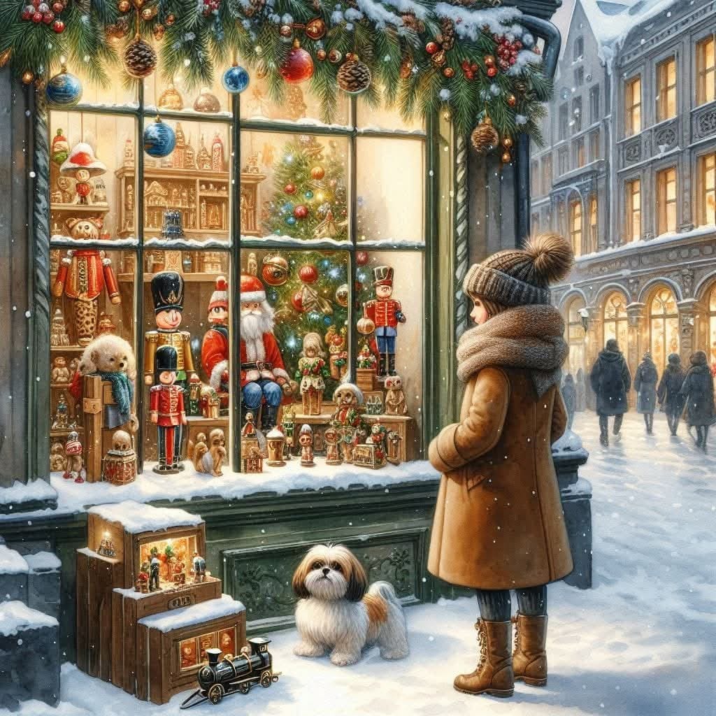 Girl and small dog in snow looking into a decorated Christmas toy shop window