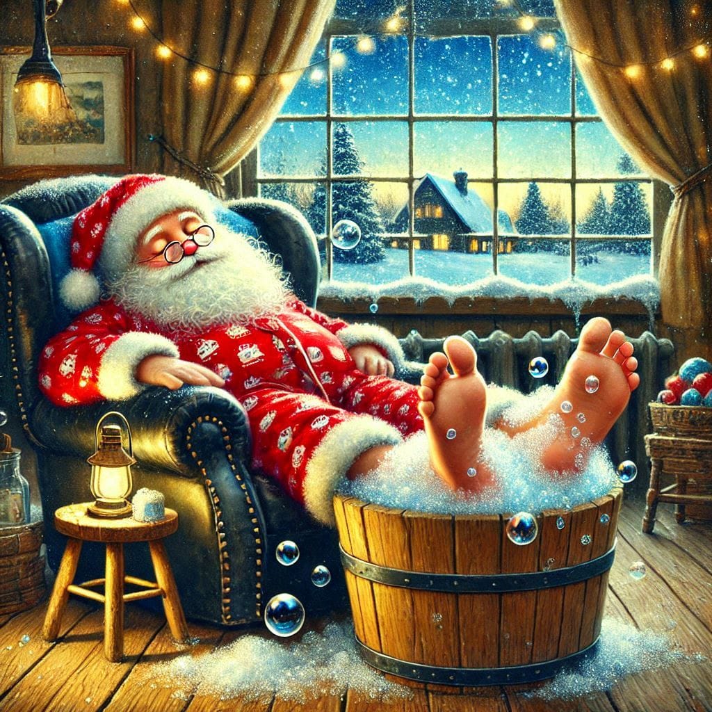 Santa Claus relaxing in armchair with feet soaking in wooden barrel, warm Christmas interior with snowy night view outside
