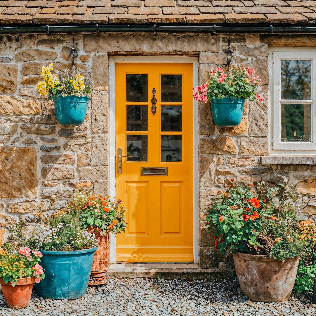 Yellow door of stone cottage with hanging flower baskets and potted plants