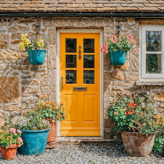 Stone Cottage Yellow Door Flowers