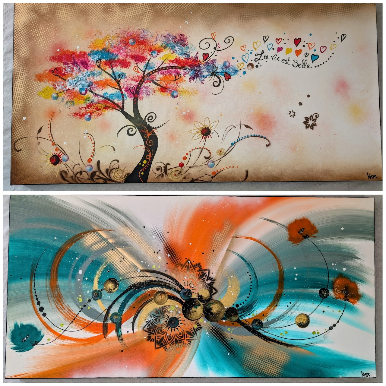 Two stacked abstract paintings with a colorful tree, flowers, and swirling orange, blue, and teal shapes.