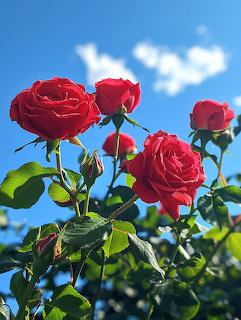 Pink roses blooming against blue sky with white clouds