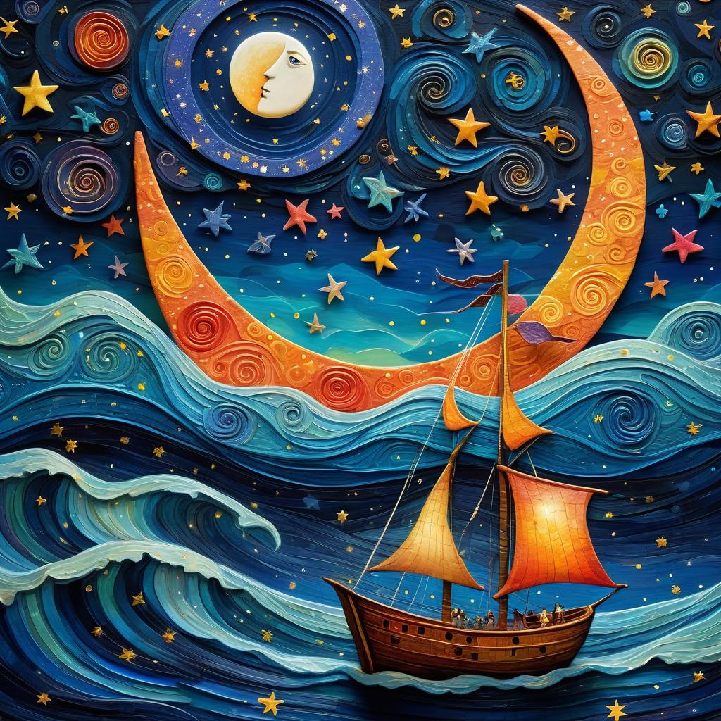 Artistic sailboat on swirling ocean waves under crescent moon and stars in decorative night sky
