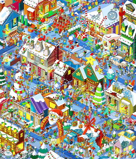 Densely packed illustrated Christmas village with Santa, snowmen, buildings and many holiday characters