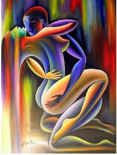 Abstract painting of two figures embracing in rainbow gradient colors with vertical striped background