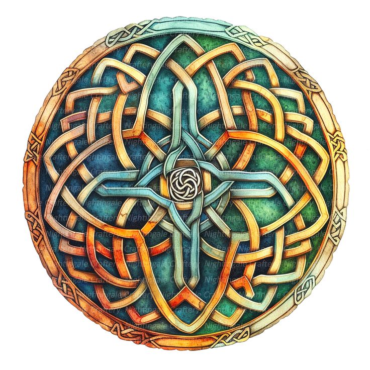 Circular Celtic knot mandala with turquoise and orange interlaced patterns on cream background