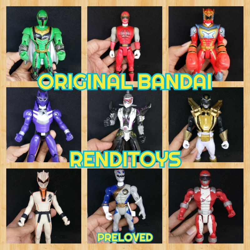 Collage of nine Power Rangers action figures in different colors, each shown against a dark background