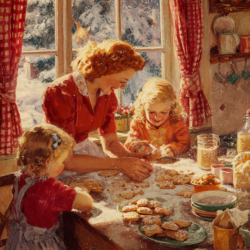 Woman and children baking and decorating cookies together in a warm Christmas kitchen scene