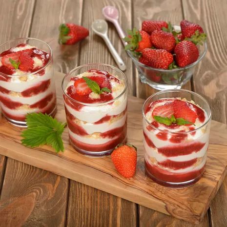 Three glass cups with layered strawberry and cream dessert, fresh strawberries in bowl, wooden serving board