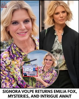 Collage of three photos of blonde actress Emilia Fox in various poses and settings