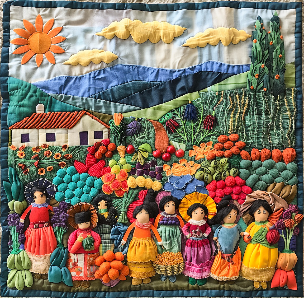 Textile artwork showing market vendors in colorful dresses selling fruits and vegetables under mountains and sun