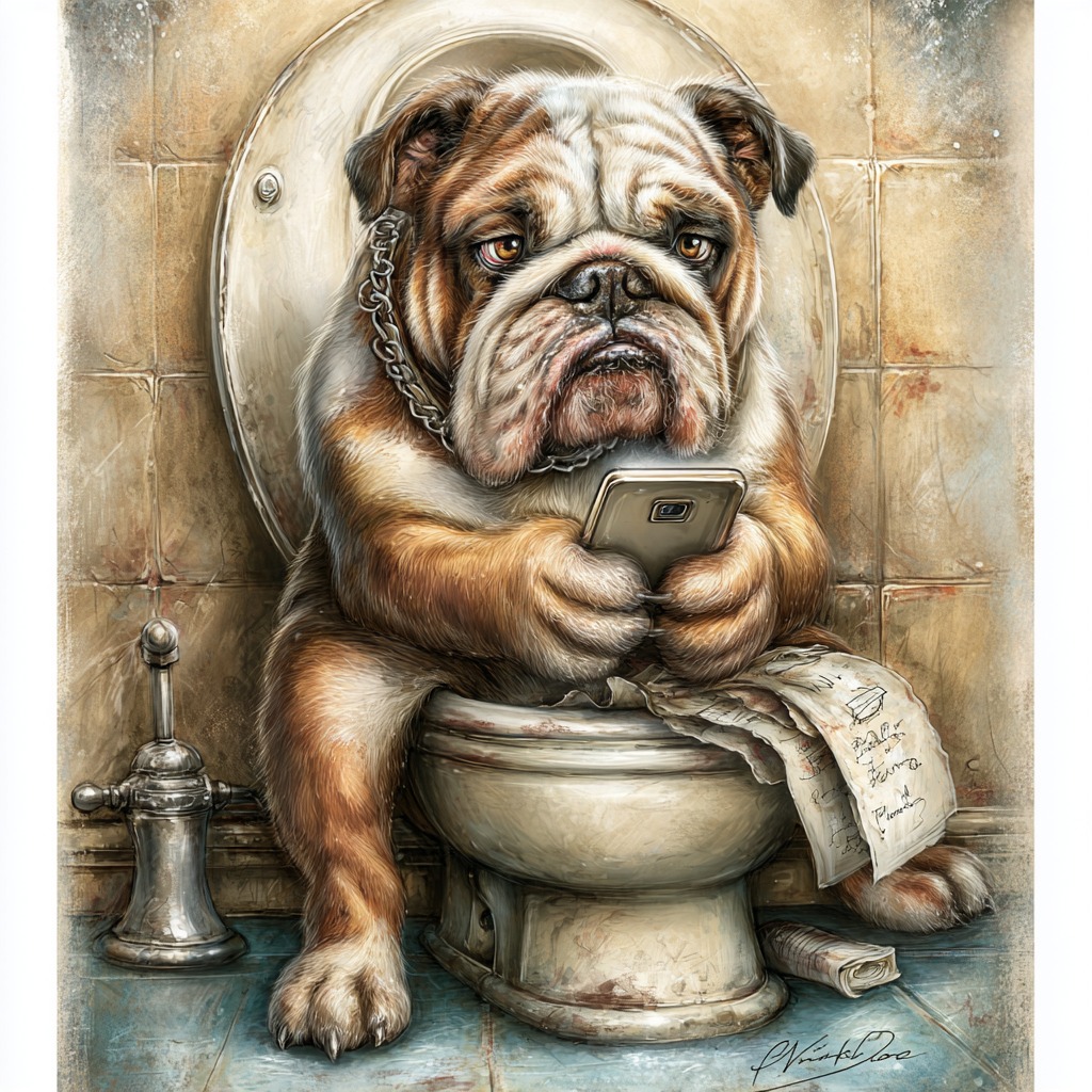 Cartoon bulldog sitting on toilet holding phone in bathroom setting