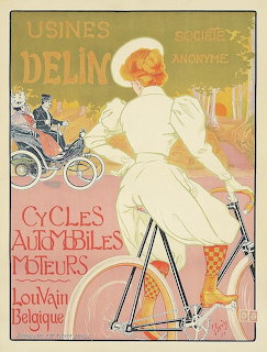 Vintage poster of woman in white dress and hat riding bicycle, Art Nouveau style with ornate lettering