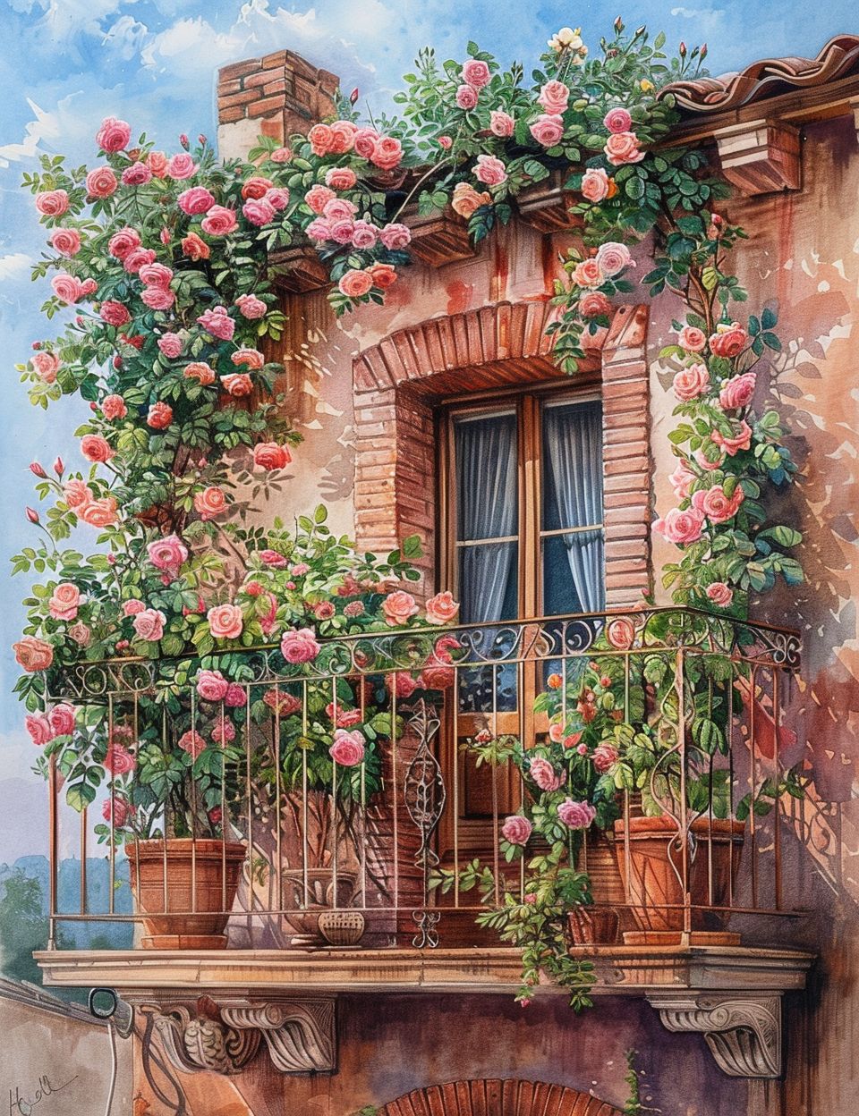 Rustic balcony covered in pink roses with wrought iron railing and blue shuttered window