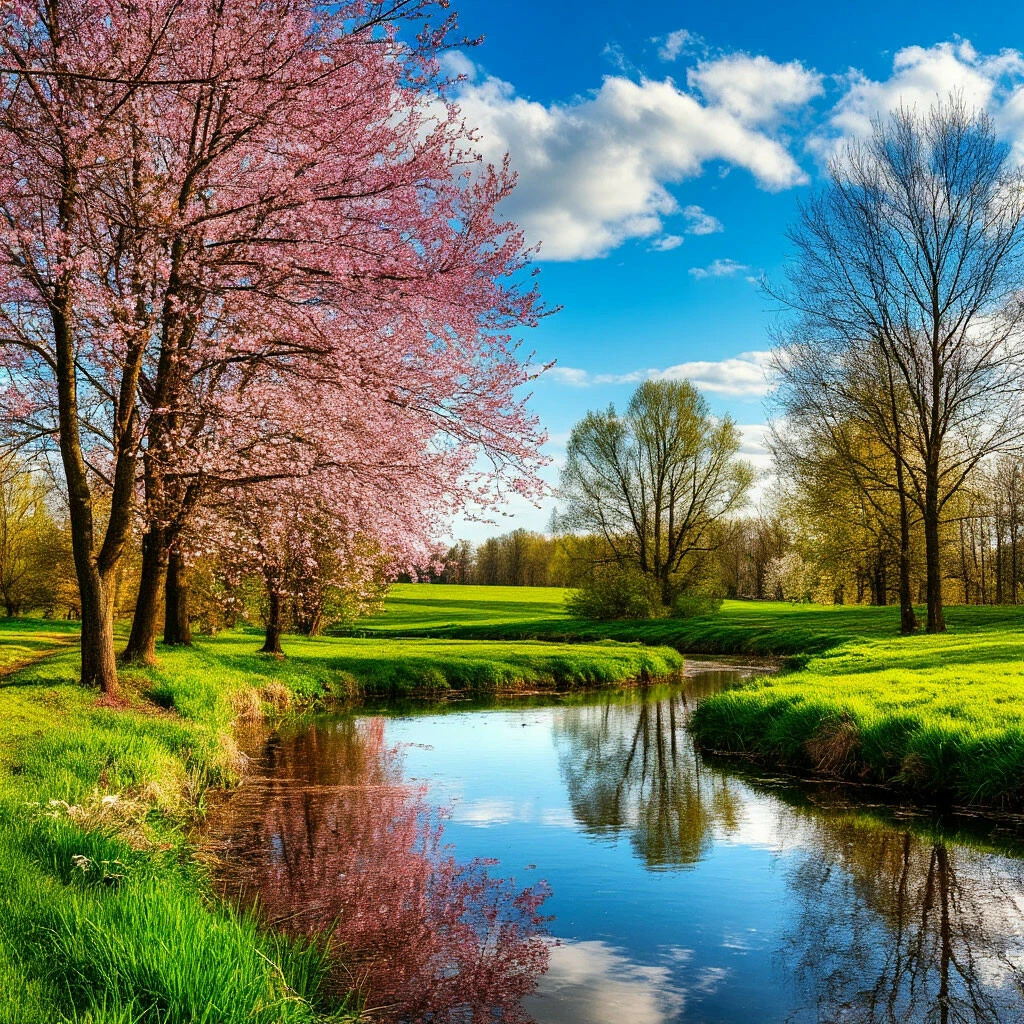 Pink cherry blossom trees along a peaceful stream in a green spring park with blue sky