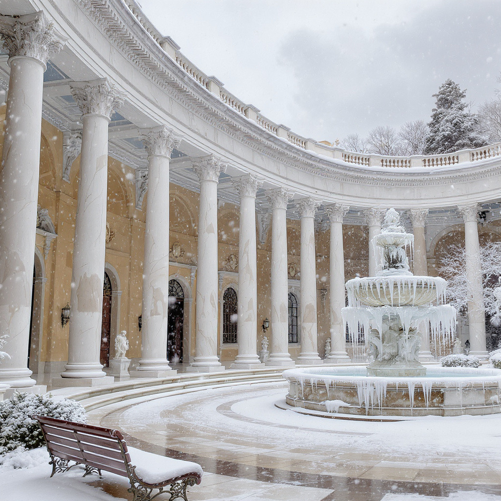 Snowy fountain in front of a curved white colonnade with columns and a bench