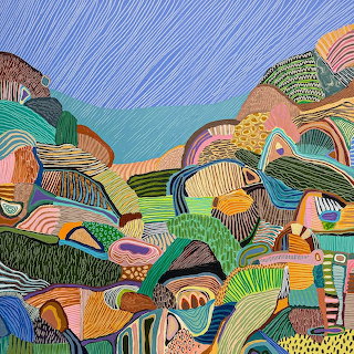 Colorful abstract landscape with patterned hills, curved forms, and blue sky