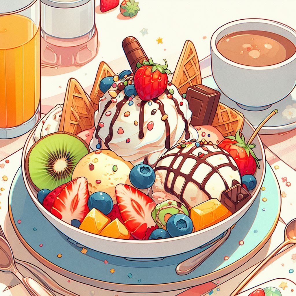 Illustrated bowl of ice cream, waffles, strawberries, kiwi, blueberries, coffee, and orange juice